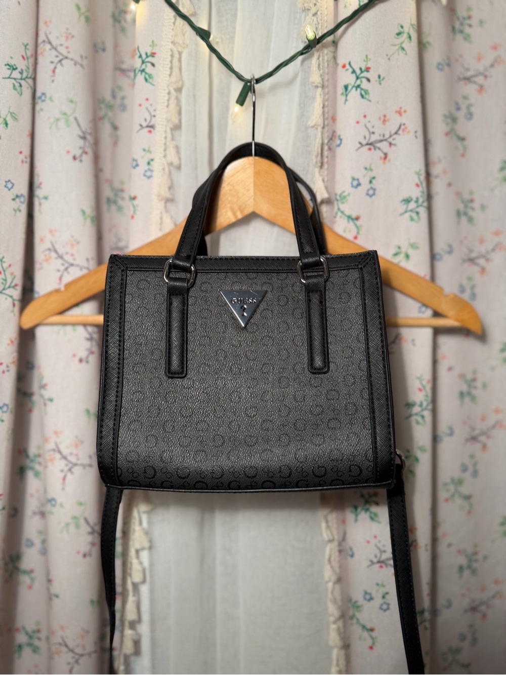 Guess Black Logo-Print Satchel with Triangle Plaque